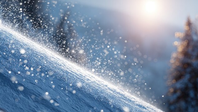 Sunlit snowy slope with blowing snow and frosted trees in background