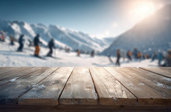 Rustic wooden tabletop in foreground, blurred snowy mountain ski resort with skiers