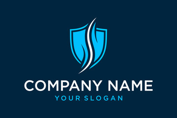 Fototapeta premium Modern Blue Shield Logo with Stylized S Initial and Wave Design