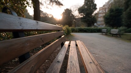 Fototapeta premium An empty wooden park bench in the soft warm light of the setting sun