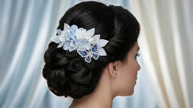 Elegant Profile with Sapphire Butterfly Brooch and Silk Floral Hair Comb