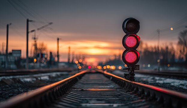 Red signal on railway tracks at sunset with warm glowing horizon