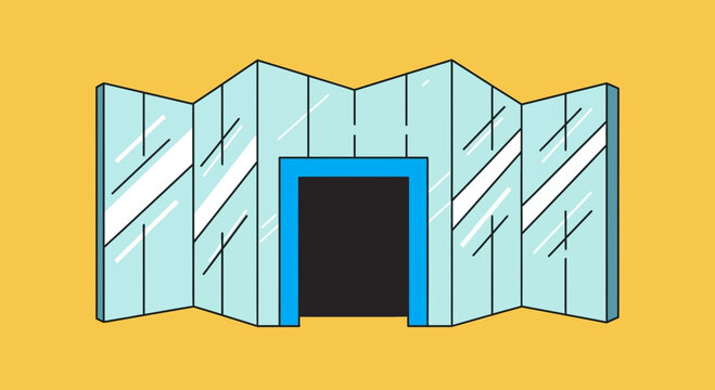 A cartoon-style illustration of an open blue folding door revealing a dark interior on a yellow background.