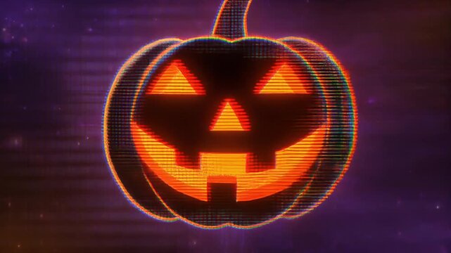 データエラーの歪みに包まれた不気味なかぼちゃの影が浮かぶサイバーハロウィン背景