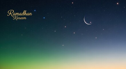 Fototapeta premium Ramadhan Kareem greeting with crescent moon and stars in a gradient night sky.
