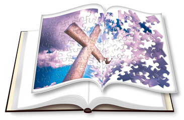 Opened photobook with christian cross in puzzle shape - 3D rendering concept