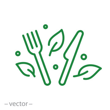 healthy food of fork and leaf, outline elements logo design