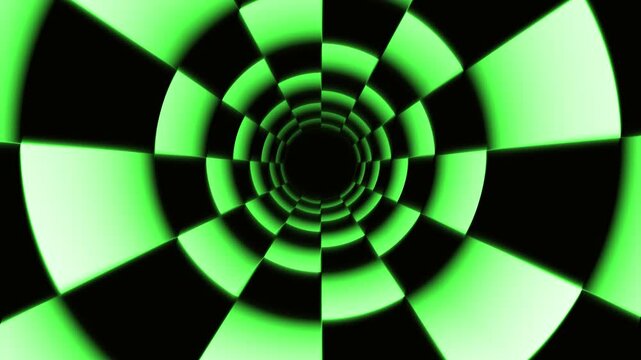 Black and white checkered pattern with a central circular shape in bright green, creating a futuristic, abstract zigzag-like effect.