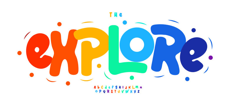 Colorful Kid Font Logo Alphabet Fun Rainbow Color Letter Set Modern Typography, Art Typographic Design for Adventure Explore Headline Text, Kids Lettering Logotype, Doodle Fonts. Vector Typeface
