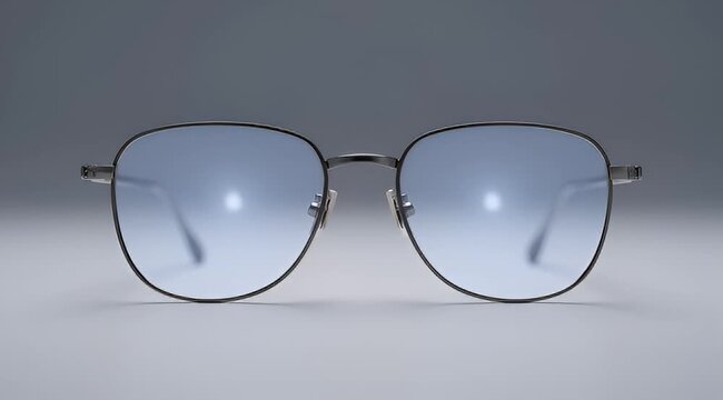 Close up on stylish glasses with blue gradient lenses and black frames