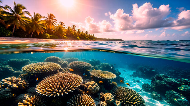 Split-Level Half Underwater Half Above Water View of Tropical Reef and Palm-Lined Beach Vivid Color Difference Between Warm and Cool Tones