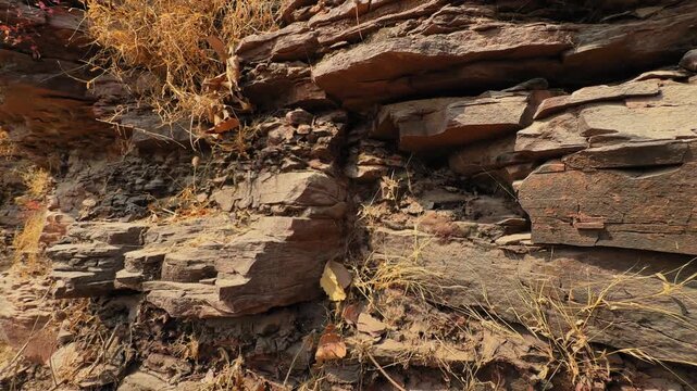A Jibup shot of layered sedimentary rock strata exposed on hillside showing horizontal geological formations created by gradual sediment deposition over time.