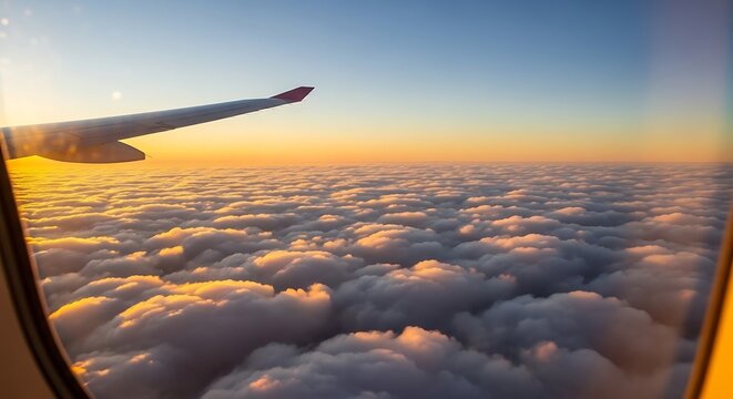 Airplane wing flying through sunset clouds from window view