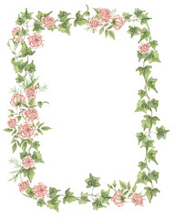 Watercolor delicate Frame with pink roses and ivy branch illustration, florals arrangement, wedding invitation, save the date