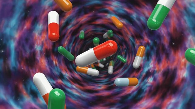 タイダイ模様の幻想空間でカラフルな錠剤とカプセルが浮遊回転するサイケデリック医薬イメージ背景