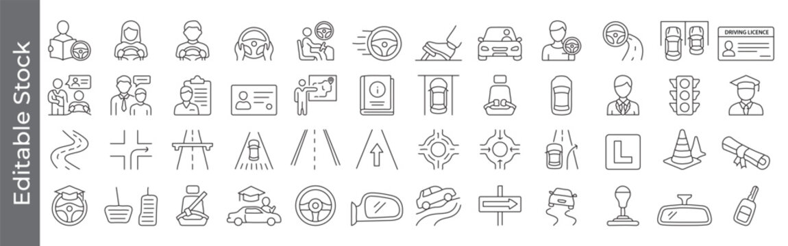 Driving school and road safety icon set &ndash; editable outline symbols of instructor, license, steering wheel, traffic, car and test