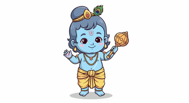 A blue-skinned cartoon character with a peacock feather on its head, wearing yellow dhoti and jewelry, holding a flute against a plain white background with a playful and mythological mood.