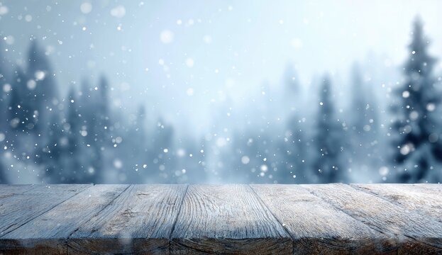 A weathered wooden table in the foreground against a snowy forest backdrop