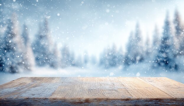 Empty wooden tabletop against soft-focus snowy forest background