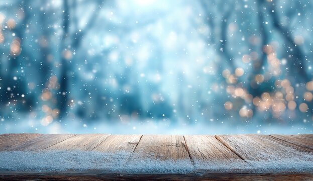 A wooden table covered in snow, with a bokeh forest background