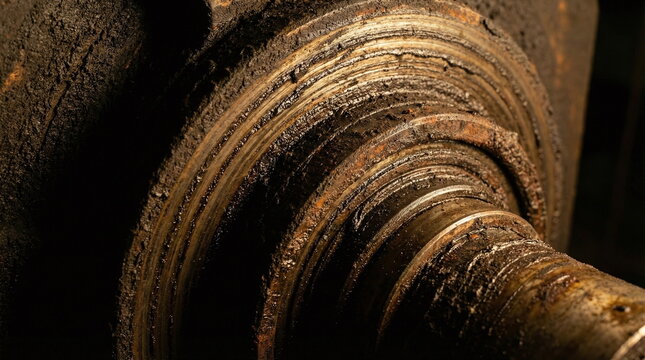 Close up of a dirty industrial metal machinery part with thick layers of old grease, oil, and grime on a rotating shaft