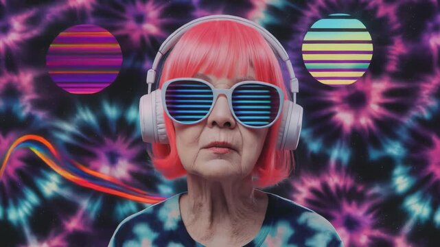 タイダイ模様のレトロポップ空間でヘッドフォン音楽を楽しむ高齢女性のサイケデリックアニメーション