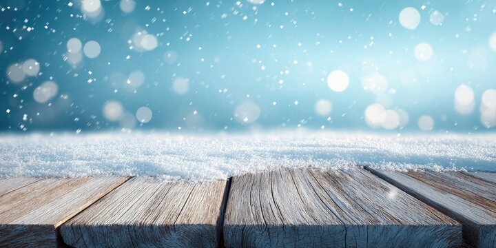 A wooden surface covered in snow under a blue sky with falling snowflakes
