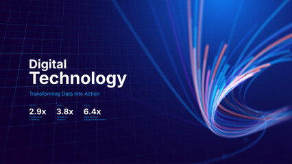 Technology Big Data Flow Background with AI Particles and Fiber Optics Digital Stream Lines. Fast Speed Broadband Internet Concept. Tech Business Presentation Template. Vector Illustration.