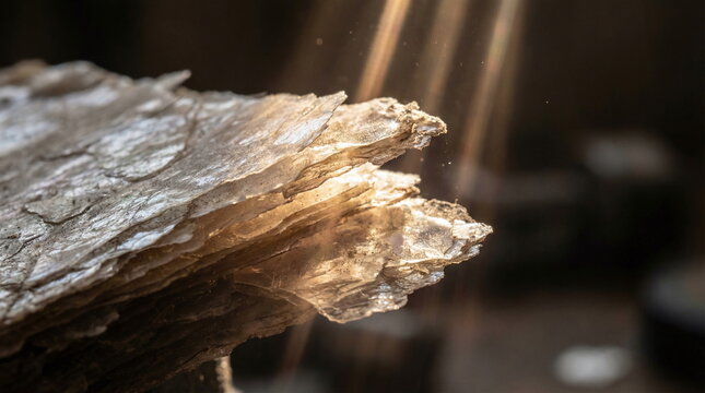 Layered sheets of raw mica mineral glowing under warm natural sunlight in a dark industrial environment