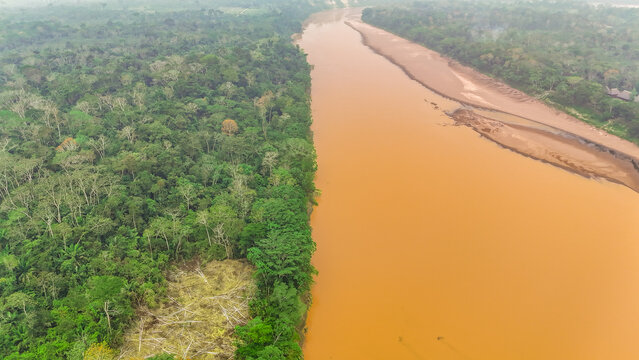 Aerial view of the contrasting muddy river snaking through a dense, verdant rainforest, a stark visual boundary between nature's raw power and serene beauty, Puerto Maldonado, Madre de Dios, Peru.