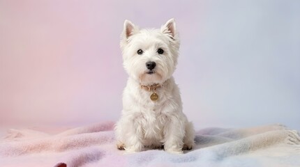 Studio style portraits of a West Highland White Terrier showing the fluffy white coat expressive eyes and cute face in both close up and full body poses