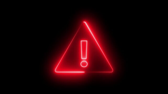 glowing light neon blue color warning attention icon animation danger risk alert road warning sign stop error signal emergency issue sign symbol ,Neon warning icon animation.