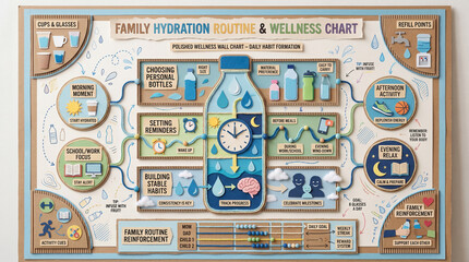 Naklejka premium Family Hydration Routine Educational Poster with Bottles Reminders and Habit Building.