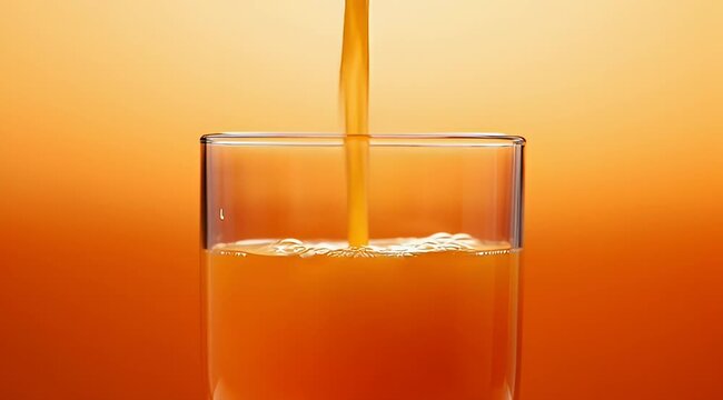 Freshly poured orange juice fills a clear glass on an orange background