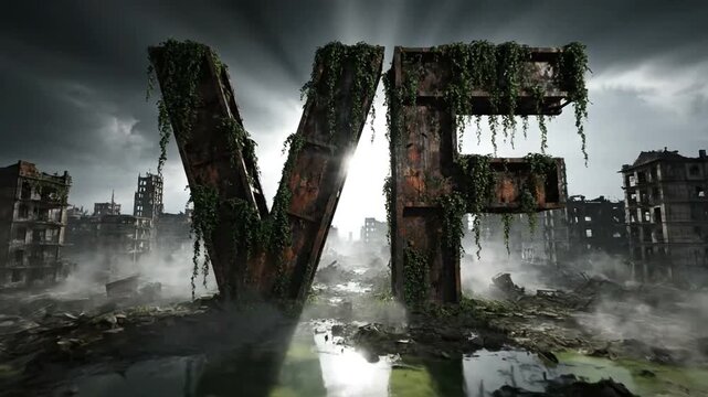 Apocalyptic Cityscape with Giant VF Letters in Ruins.