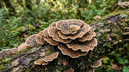 Close up of Turkey Tail mushrooms (Trametes versicolor) with beautiful concentric stripes growing on a fallen mossy log in a lush forest landscape. AI generated.
