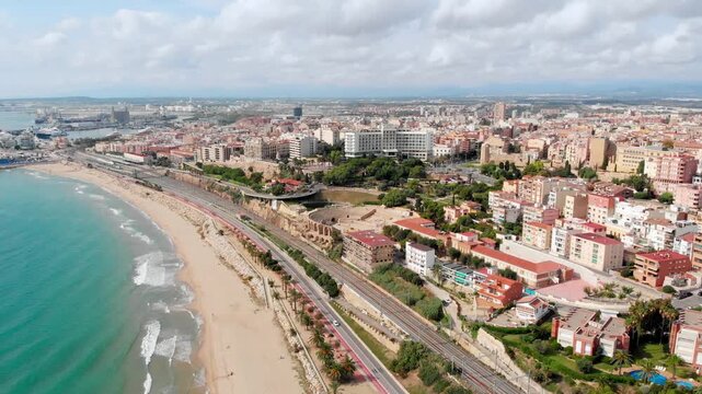 Aerial: Tarragona city in Catalonia by the coast