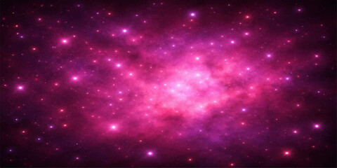 An abstract cosmic nebula glows with bright purple and blue light across a deep black starry sky within a vast dark universe starfield © Mustarin