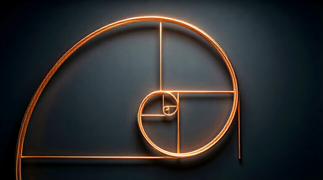 Fibonacci Spiral Rendered in Luminous Copper Wireframe on Dark Charcoal Background with Subtle Gradient Golden Ratio Mathematical Beauty Expanding Outward