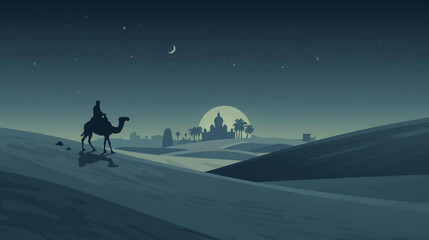 minimalist silhouette of a desert scene at dusk. A lone rider on a camel is crossing sand dunes. In the background, a grand city skycraper and palm trees illustration
