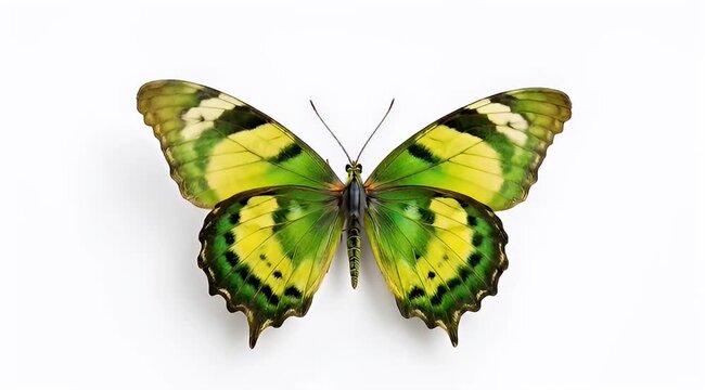 Striking photograph of a green and yellow butterfly on a white background