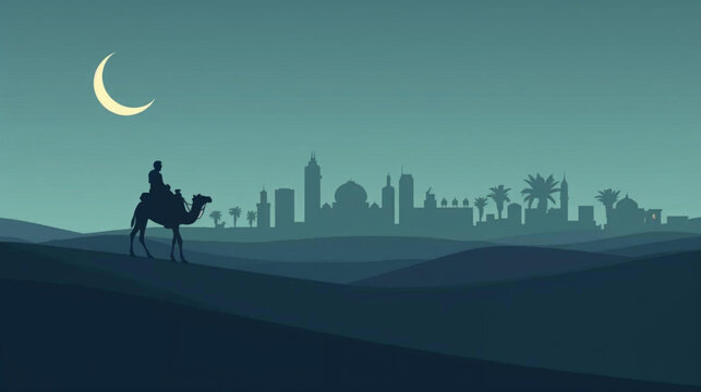 minimalist silhouette of a desert scene at dusk. A lone rider on a camel is crossing sand dunes. In the background, a grand city skycraper and palm trees illustration