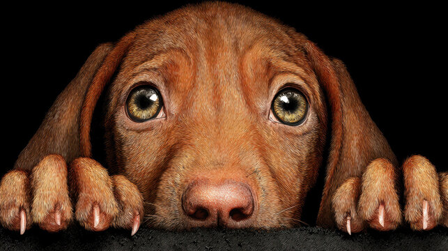 Dog looks over a dark surface