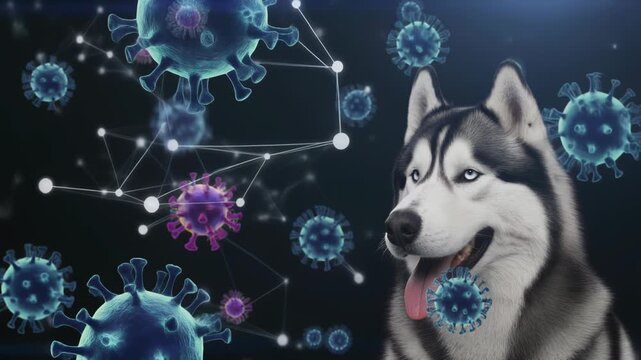 免疫ネットワークが広がる空間に佇むリアルなシベリアンハスキーの健康イメージ