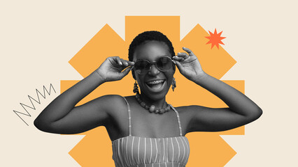 A person smiles and poses while wearing sunglasses. They have on a striped top and accessories. The...