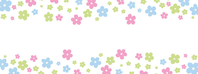 Cute pastel floral border with pink, blue, and green cartoon flowers arranged along the top and bottom edges on a light background. Ideal for spring invitations, Easter designs, and nursery decor © thebeststocker