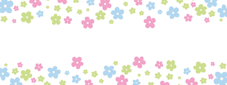 Cute pastel floral border with pink, blue, and green cartoon flowers arranged along the top and bottom edges on a light background. Ideal for spring invitations, Easter designs, and nursery decor
