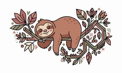 Obraz premium Cute Stylized Sloth Illustration Resting on a Geometric Tropical Branch