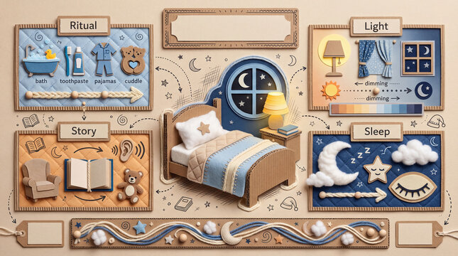 Child Bedtime No Text Poster Template with Blank Labels, Story Light and Sleep Craft Board.