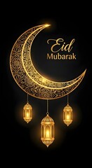 Fototapeta premium Celebratory design for eid mubarak featuring a crescent moon and lanterns